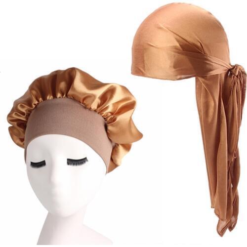 Hot sale Silky Satin Durag And Bonnet 2pcs Set Men Long Headwrap And Women Sleep Cap Do Rag Pirate Hat