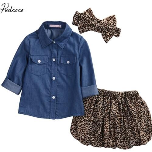 Helen115 Pretty Baby Kid Girls Denim Shirt+leopard Skirt+bow Headband Cotton 3pcs Set 6m-5y
