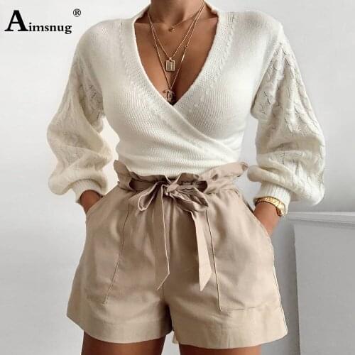 Crop Top Sweaters Women Autumn 2020 Casual Lantern Sleeve V-neck Bow Tie Cris Cross Knitted Sweater Femme Winter Warm Clothes