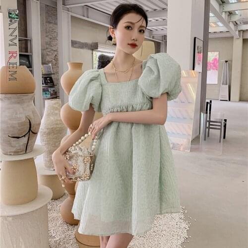 LANMREM Casual Square Collar Short Puff Sleeve Sweet Dress Woman Backless High Waist Loose Green Dresses 2021 Summer 2D3801