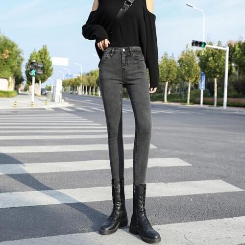 MIND FEET Women Jeans Elastic Slim Plus Size Denim Pencil Pants Velvet Thickening Ladies Female Stretch Skinny Trousers Blue