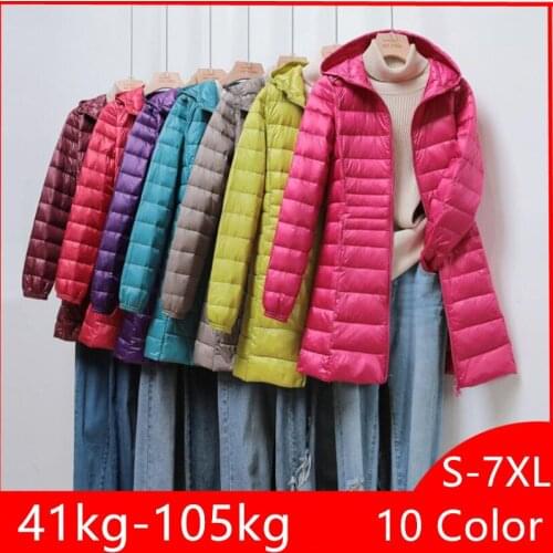 2021 New Women White Duck Down Coats Jackets Winter Warm Slim Long Hooded Ultralight Parkas Plus Size Women Overcoats Luxury 7XL