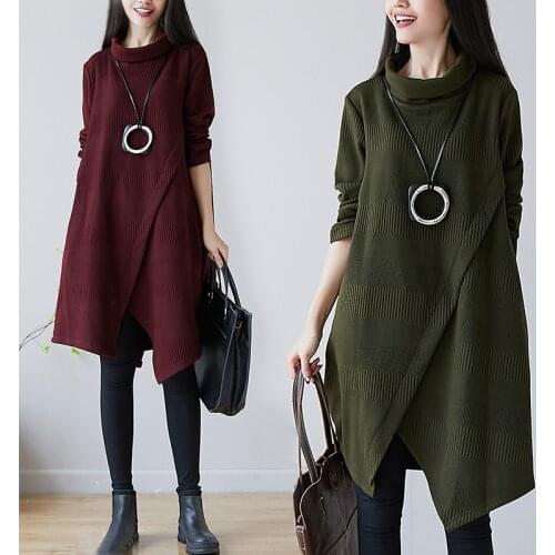2021 autumn and winter new plus size womens padded silk cotton turtleneck dress dark red and dark green
