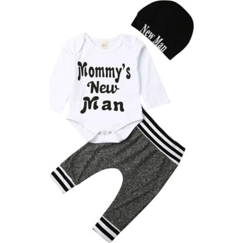 3Pcs Newborn Baby Boy Clothes Letter Tops Romper+Pants+Hat Casual Cotton Long Sleeve Baby Outfits Clothing Set