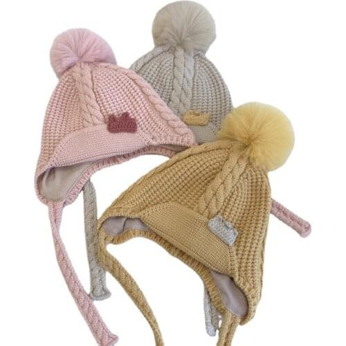 2021 Autumn Spring Baby Pom Pom Hat Cotton Twist Knitted Baby Girls Boys Outdoor Ear Caps Kids Beanies Newborn Photography Props