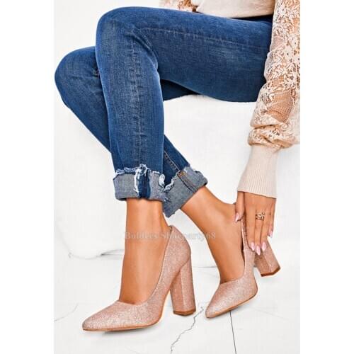 Chunky Heeled Mat Leather Sexy 10cm Heeled Block High Heels Pointed Toe Womens Shallow Shoes Slip On Party Dress Shoe 46