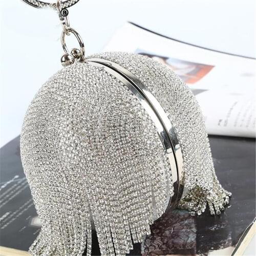 Sliver Diamonds Rhinestone Round Ball Evening Purse For Women 2021 Fashion Mini Tassels Clutch Bag Ladies Ring Handbag