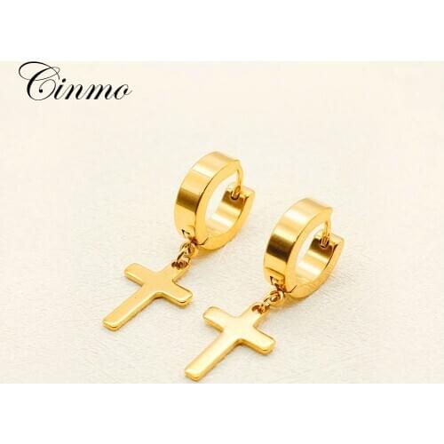 Cinmo Stainless Steel Piercing Drop Earrings Classic Gold Christian Cross Dangle Earrings For Men Women Wholesale Ear Jewelry