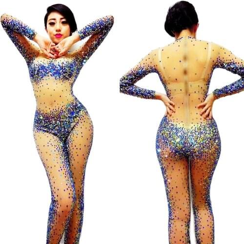 Sparkling Full Rhinestones Mesh Gauze Perspective Jumpsuit Long Sleeve Club Costume For Women Ladies Dance Costumes Stage Wear