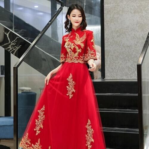 Red Party Evening Long Cheongsam Retro Slim Dress Marriage Gown Chinese Style Wedding Qipao Lady Clothes kimono robe Formal Gown