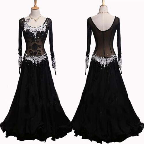 High End Ballroom Dance Dress Competition Dress Dance Wear Performance Show Costume Tango Wear Mesh Black White Lace Dress BI230