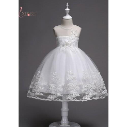 Xunbei 2-14Years Lovely Knee Length Appliqued Flower Girl Dresses Summer Tulle Kids Pageant Dress Girl Dress Wedding Party Gown