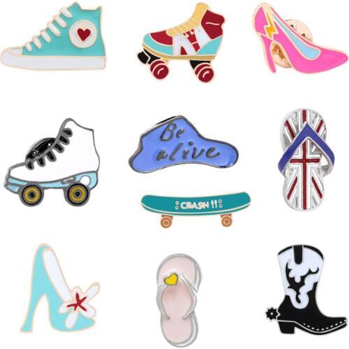 Fashion Brooch Skates Skateboard Sandals High Heels Women Enamel Badge Pins Shoes Metal Icon Shirts Jackets Backpacks Button Pin