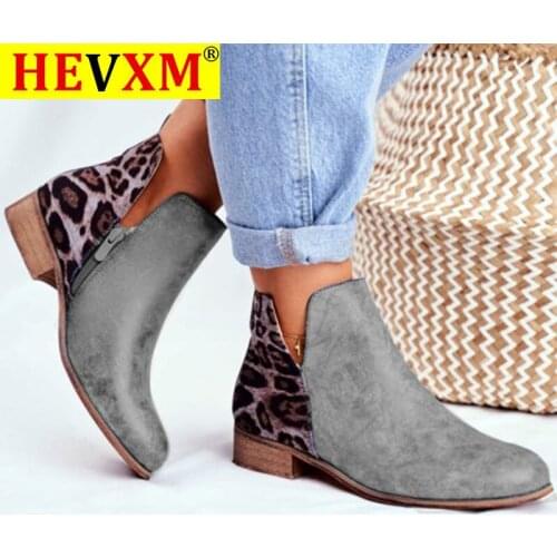 Women Retro PU Leather Ankle Boots 2020 Woman Vintage Leopard Low Heels Womens Zip Ladies Shoes Female Short Boots Plus Size 43