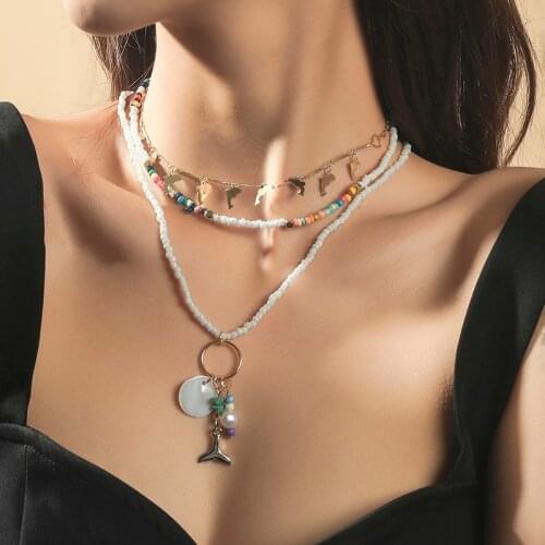 3 Pcs/Set Boho White Glass Beads Handmade Beaded Chokers Necklaces For Women Gold Metal Chain Fishtail Dolphin Pendant Necklace