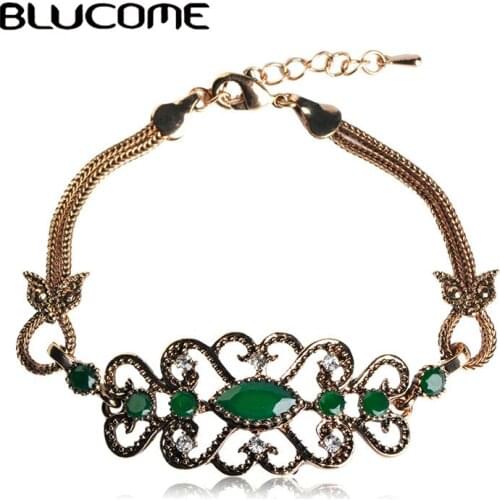 Blucome Turkish Style Retro Plant Bracelet Green Resin Crystals Jewelry Gold Color Bracelets Women Banquet Hand Accessories Gift