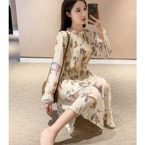 Hebe&Eos Aautumn Women Chiffon Dresses With Floral Print Long Flare Sleeve Knee-length Elegant Korean Style Pleated Dress Boho