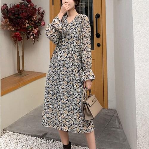 Korean Style Floral Print Casual Dresses 2021 Spring V-neck Vintage Dress Women Long Sleeve Chiffon Dress Robe Femenino 13195