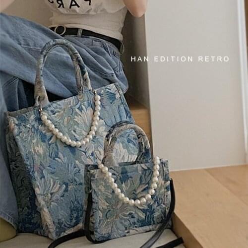 Brand Designer Canvas Womens Handbag Retro Pearl Crossbody Bag Small Square Tote