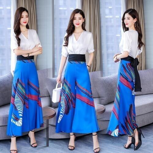Boho Elegant Woman Pants And Blouse Set Summer Shirts+Wide Leg Pants Korean Business Suit 2 Piece Sets Womens Outfits DD2164