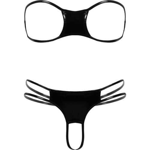 HOT Erotic Lingerie Set Women Wet Look Leather Mini Bikini Lingerie Set Strapless Open Cups Bra Top with Crotchless Panties Set
