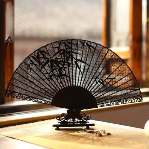 Exquisite Carved Ebony Wooden Fans For Wedding Adult Calligraphy Painting Fine Art Hand Fan Craft Gift To Send Foreigners LF372
