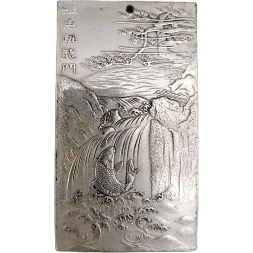Chinese old Tibetan silver relief Carp Jumping Dragon Gate Waist Card amulet pendant Feng Shui lucky Card pendant