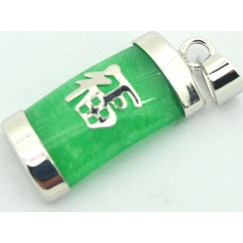 Natural Green Stone "Fu" Lucky 18KGP Pendant 20x10mm