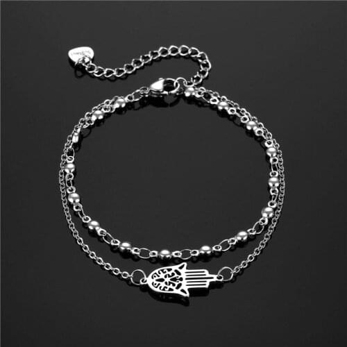 Layered Link Chain Fatima Hand Charm Bracelet for Girls Stainless Steel Bracelet for Women Hamsa Hand Wristband Hand Jewelry New