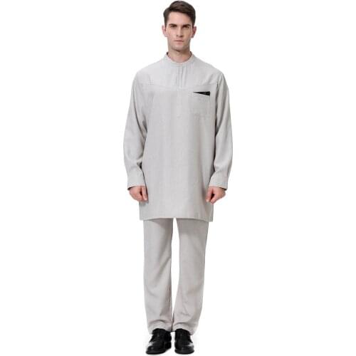 Saudi Arabia Muslim Men Jubba Thobe + Pant 2 Piece Set Djellaba Pakistan Kaftan Dubai Abaya Islamic Clothing Ramadan Worship