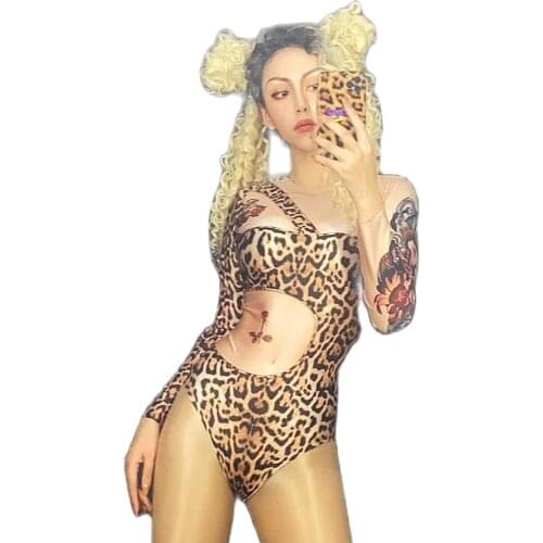 Irregular Leopard Printing Bodysuit Women Long Sleeve Floral Costume Nightclub Dance Show Wear Club Stage Clothing Dance Wear