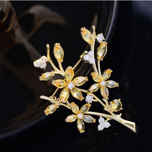 OKILY Fashion Gold Color Zircon Tree Branch Brooches Pins Delicate Bouquet Brooch for Women Bride Wedding Party Broochpin