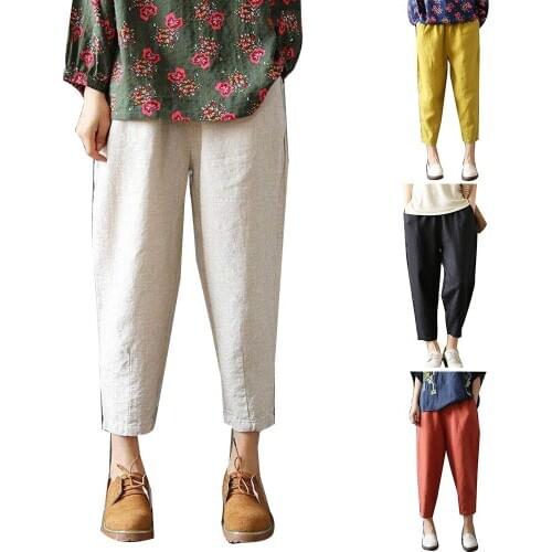 Autumn Casual Women Solid Color Ninth Pants Elastic Waist Jogger Harem Trousers