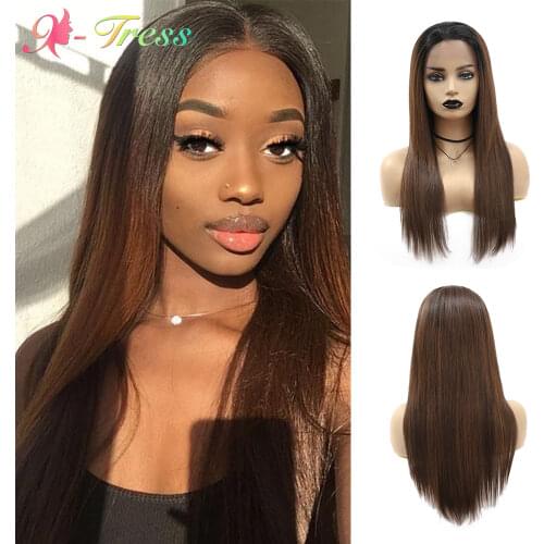 Long Straight Synthetic Wig Ombre Brown Lace Front Wigs For Black Women Free Part Lace Wig With Baby Hair Heat Resistant X-TRESS
