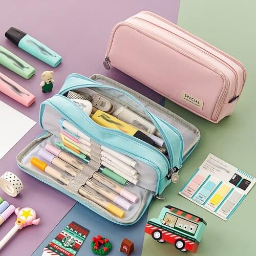 Large Capacity Pencil Case Double Side Macaron Color Canvas Pen Bag Storage Pouch Stationery for Junior High School Students