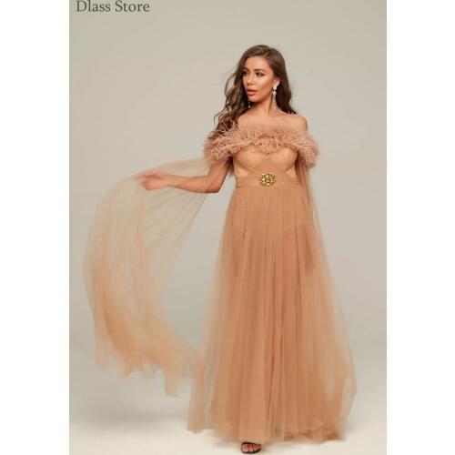 Champagne Illusion Prom Dress For Photography Shoot Feather Off Shoulder A-line Evening Gown Floor Length вечерние платья платье