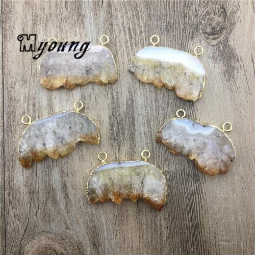 Crescent Yellow Quartz Slice Pendant,Citrines Charm With Double Gold Bails For Necklace DIY Jewelry MY1685