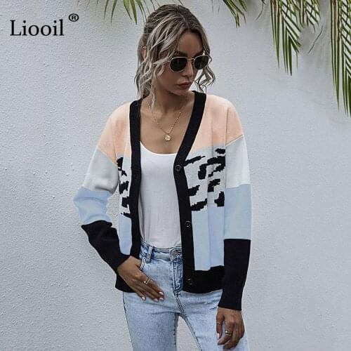Liooil Casual Patchwork Knit Cardigan Women 2020 Button Up Long Sleeve V Neck Color Block Female Fall Knitwear Sweater And Coat