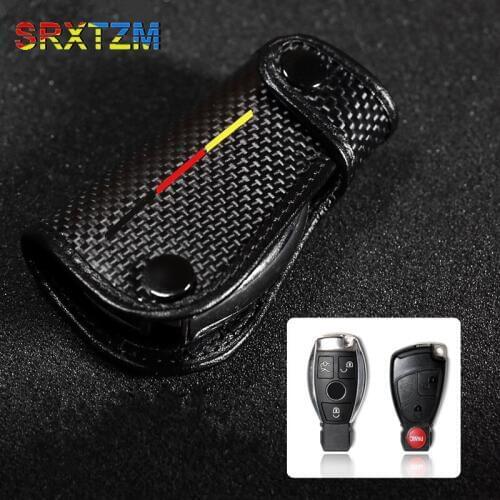 SRXTZM For Mercedes W204 W205 W211 W203 GLA GLK C S E Class Carbon Fiber Leather Remote Key Case chain keyless cover Holder 1PCS