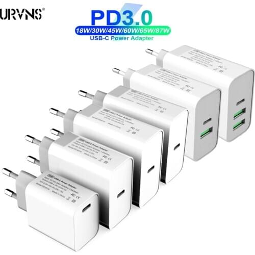 URVNS TYPE-C USB C Power Adapter 30W 45W 60W 65W 87W QC3.0 PD Fast Wall Charger For USB-C Laptops MacBook Pro/Air Samsung iPhone