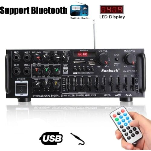 Bluetooth 2.0 Channel 2000W Audio Power HiFi Amplifier 326BT 12V/220V AV Amp Speaker With Remote Control for Car Home