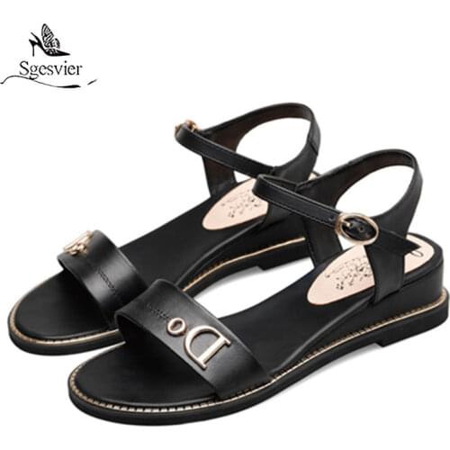 Sgesvier genuine leather shoes woman buckle wedges sandals casual low heels shoes summer sandals women comfortable ladies shoes