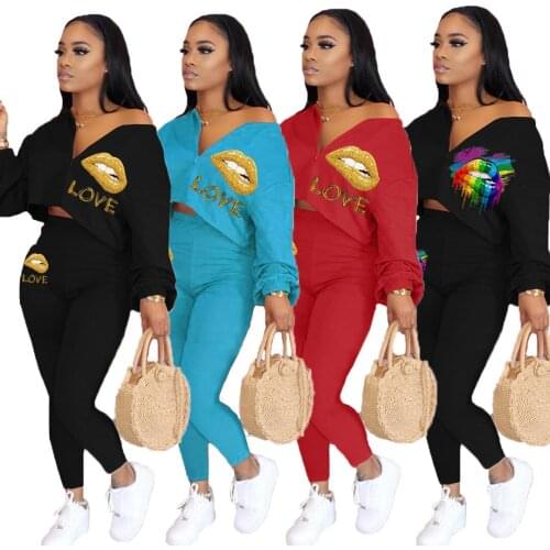 Letter & Lip Printed Long Sleeves Zip & Trousers Women Two Piece Outfits 2020 New Autumn Fashion Casual Suits