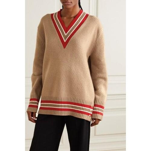 Quality 11.25 High End Contrast Color Striped V-neck Wool Knitted Sweater Women Loose Casual Mid Length Pullover Knitwear