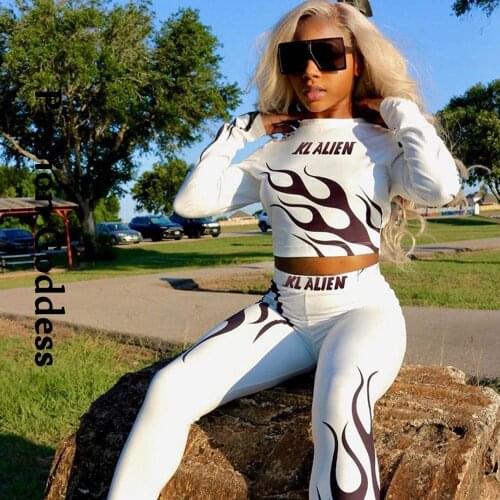 Fitness Women 2 Piece Tracksuits Sets Long Sleeve T Shirt Slim Leggings Flame Letter Print Suit Joggers Two Piece Outfits Autumn