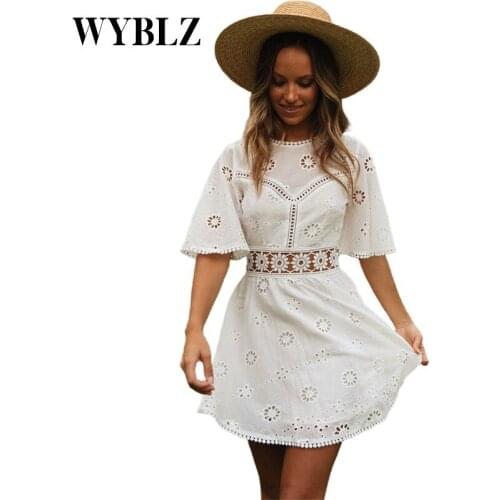 WYBLZ Flare Sleeve White Lace Dress Women Casual Party Dress Summer High Waist Short Dress Female Backless Hollow Out Vestidos