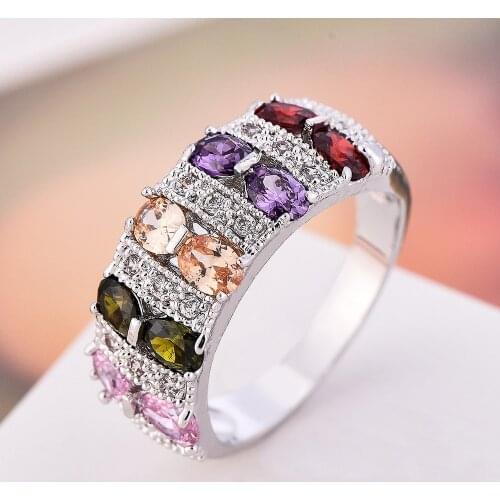 Bohemian Female Rainbow 925 sterling silver Filled Promise Engagement Rings For Women colorful CZ Crystal Wedding Jewelry