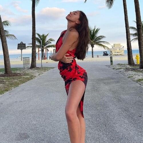 Women Slanted Shoulder Dress with Chic Print, Sleeveless Skinny Fit Sexy Style Summer Clothing