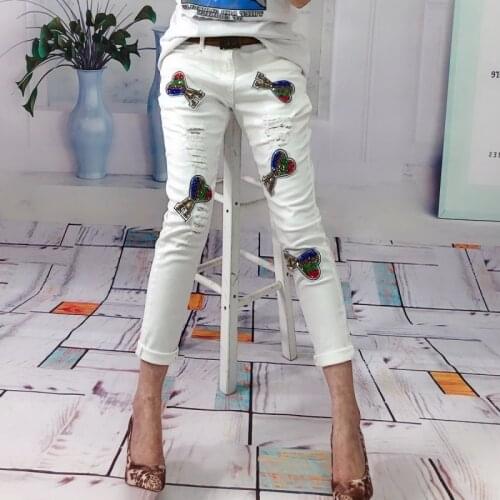 2021 Vintage Y2K Striped Sequins Bronzing Women Hole Ripped White Jeans Boyfriend Pants Womens Stretch Denim Harem pants Femme
