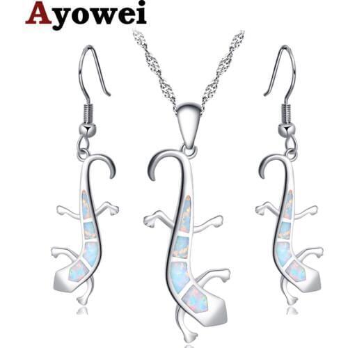 Ayowei Anniversary Large earrings pendant necklace Silver stamped White Gecko fire opal set for women party gift OS035A